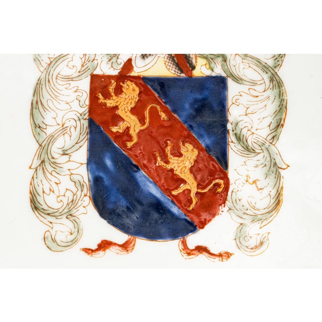 Stately Pair Vintage Porcelain Armorial Catchall Trays Heraldic Coat of Arms Dish Gold Gilt English Country Home Decor For Sale - Image 12 of 16