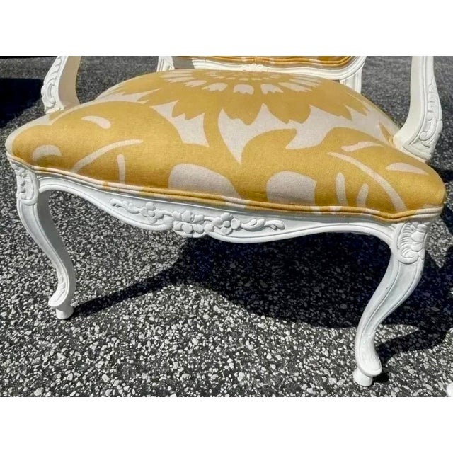 Mid 20th Century Pair of Vintage Italian Painted Bergere Chairs Upholstered in Yellow and White Linen For Sale - Image 5 of 12