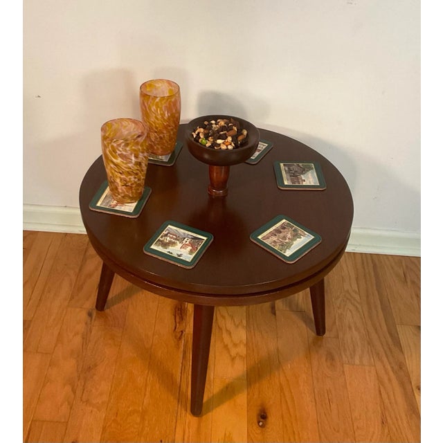 Mid Century Circular Wooden Rotating Lazy Susan End Side Coffee Table With Center Piece Pedestal Bowl, Circa 1960s For Sale - Image 12 of 12