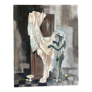 Robert Ritter (American B. 1949) Mid-Century Surrealist Small Oil Painting of a Draped Figure in Interior For Sale