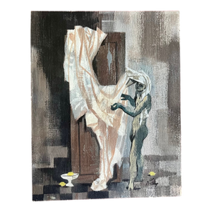 Robert Ritter (American B. 1949) Mid-Century Surrealist Small Oil Painting of a Draped Figure in Interior