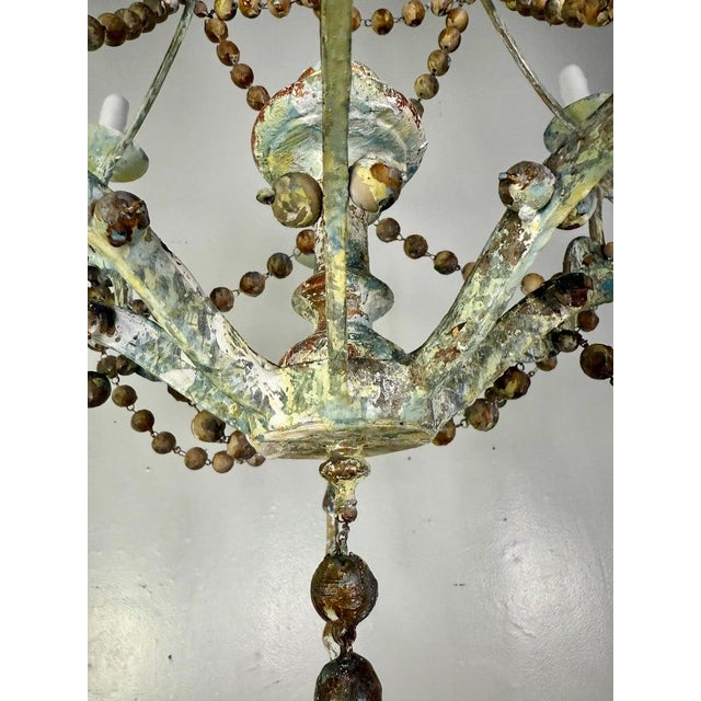 Early 20th Century French Provençal Painted Iron Chandelier With Wooden Bead Garlands For Sale - Image 5 of 6