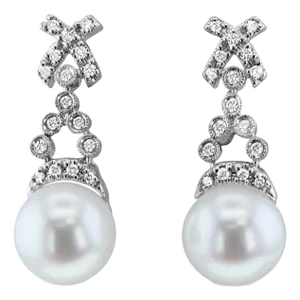 X' Pearl & Diamond Pave Earrings 14k White Gold, 2 Pieces