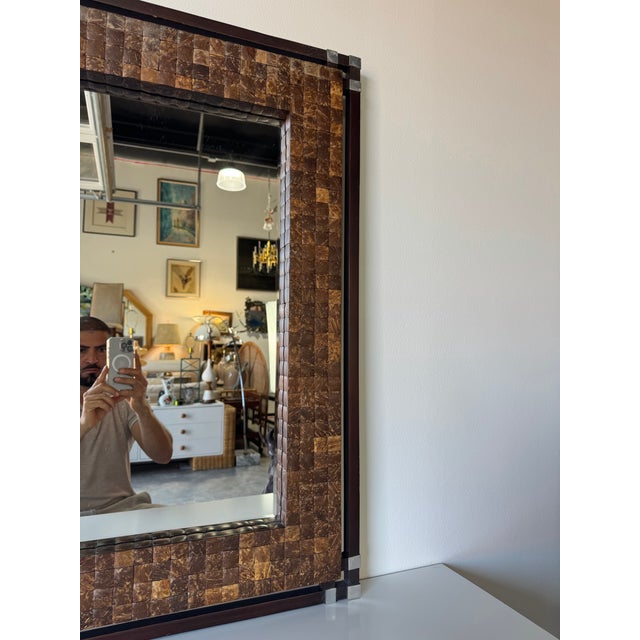 1980s Vintage Coastal Organic Coconut Shell & Wood Wall Mirror With Metal Accents For Sale - Image 5 of 12