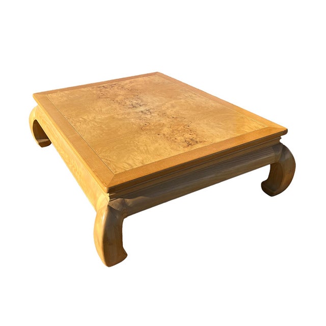 This Henredon Ming Style Burl Wood Coffee Table, from the company's "Scene Two" collection produced in the 1970s or 1980s,...