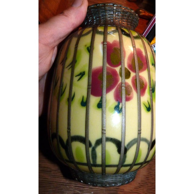 1900s Japanese Meiji Awaji Pottery Vase With Silver Basket-Weave Overlay For Sale - Image 4 of 8