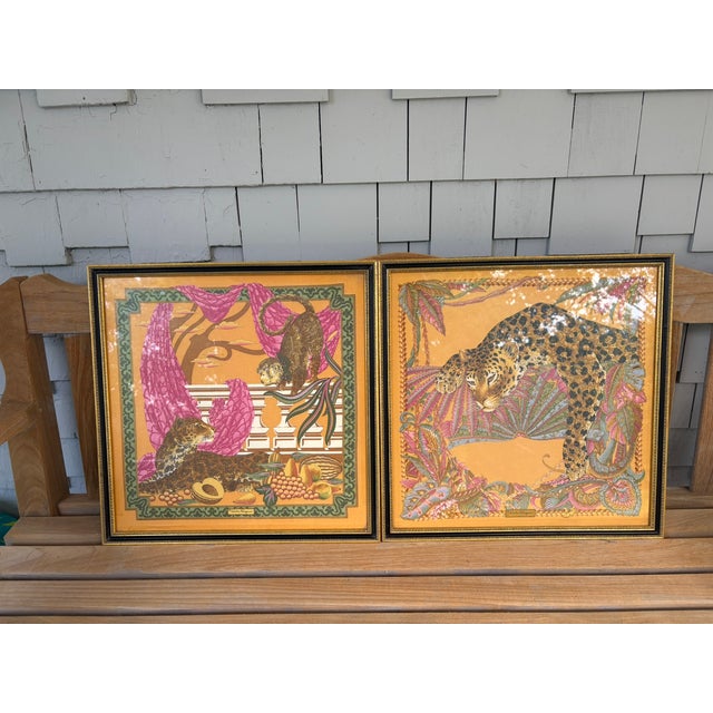 A beautifully matched pair of framed Salvatore Ferragamo silk pocket scarves, each featuring the Italian luxury house's...