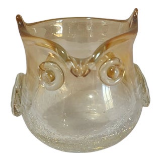 Vintage Handblown Art Glass Ombre Amber Crackled Glass Owl Small Vase Candle Holder For Sale