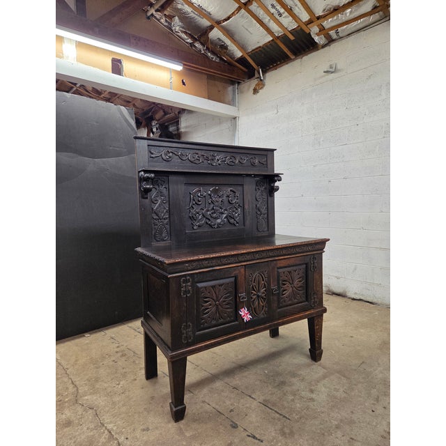 Gothic Unique 19th Century Oak Carved English Sideboard/Buffet With Tall Back For Sale - Image 3 of 11