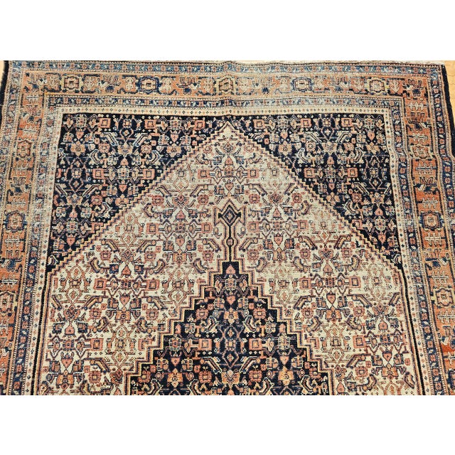 Antique Senneh Area Rug, Hand-Knotted Wool, Herati Medallion Pattern, Ivory & Navy, 4x6 For Sale - Image 10 of 17