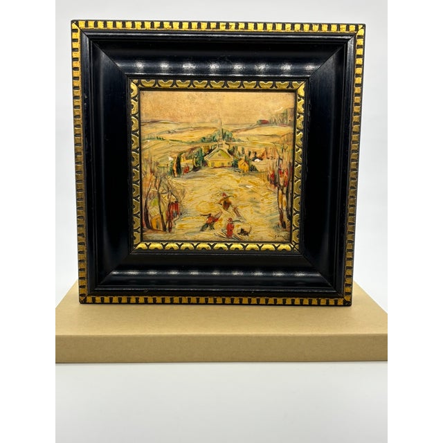 Enamel on Tile Painting, Landscape Winter Scene With Figures, Framed and Signed For Sale In Portland, ME - Image 6 of 12