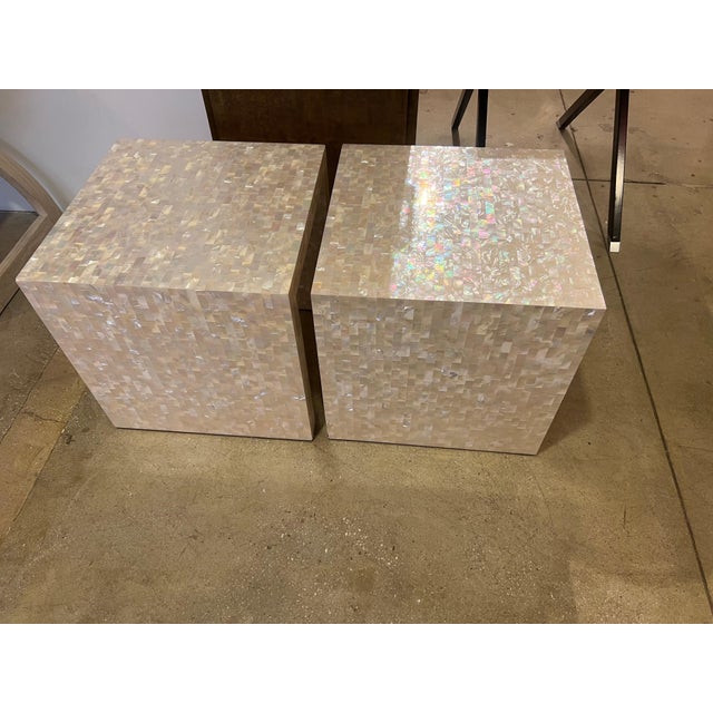 Cream Pair of Mother of Pearl Oscar De La Renta Side Tables For Sale - Image 8 of 12