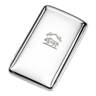 Large Antique Sterling Silver Armorial Coat of Arms Boar Latin Motto Crest Cigar Card Case Holder Wallet Tobacciana For Sale