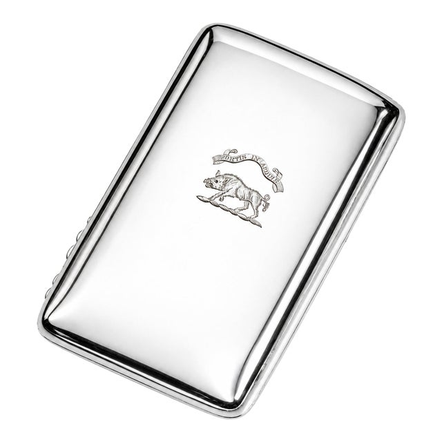 Large Antique Sterling Silver Armorial Coat of Arms Boar Latin Motto Crest Cigar Card Case Holder Wallet Tobacciana For Sale