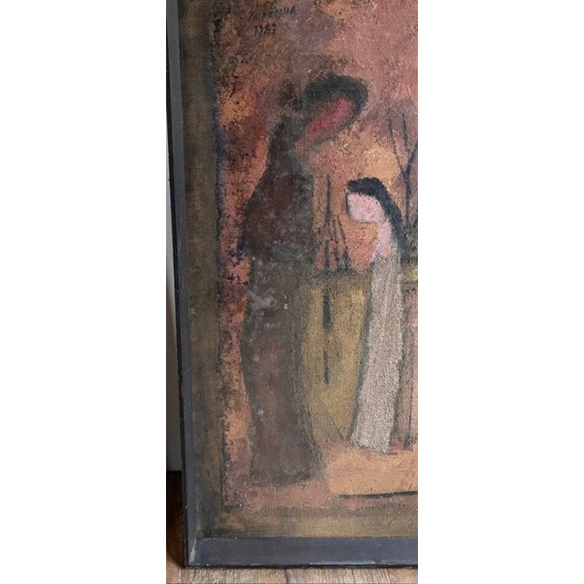 Mid-Century Modern Original Mid Century Salvatore Emblema Painting on Jute - Two Figures and a Building, Signed For Sale - Image 3 of 8