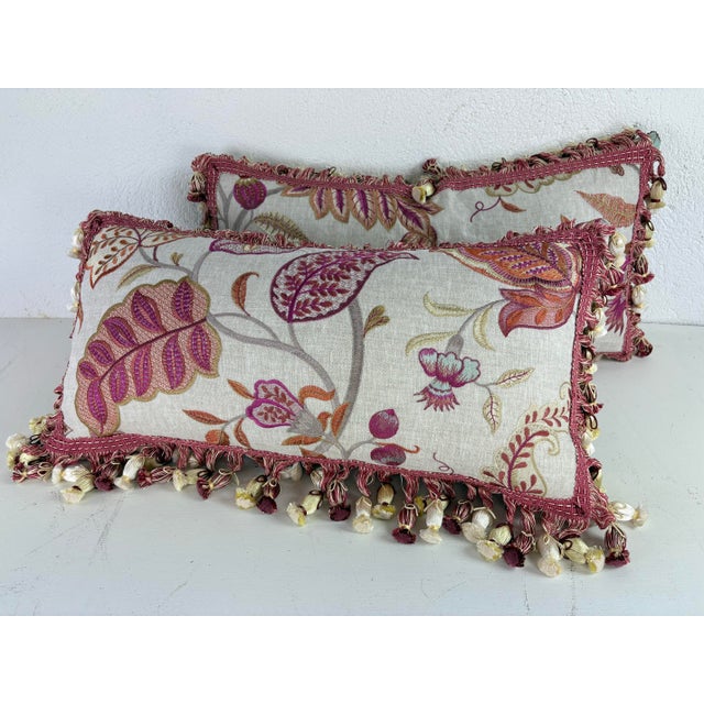Vibrant Botanical Tasseled Brocade Linen Lumbar Pillows/a Pair For Sale - Image 11 of 11