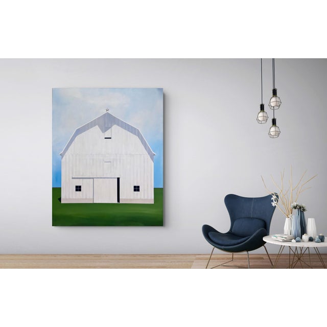 Textile Down in the Valley by Justin Wheatley | Acrylic on Canvas White Barn in Green Field For Sale - Image 7 of 11