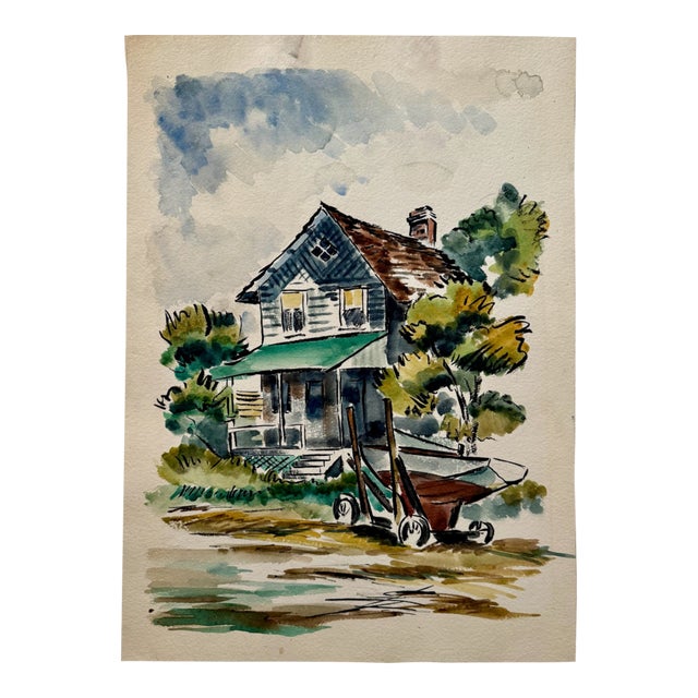 1970s Henry Emil Salloch Original Watercolor on Paper Rustic Waterfront House. For Sale