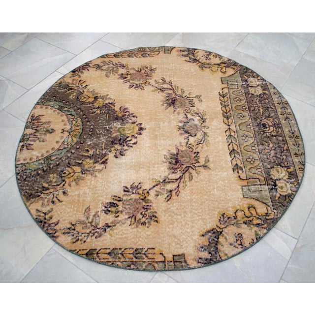 Hand Knotted Round Turkish Rug Upcycled Vintage Circle Area Rug 4'9" X 4'9" For Sale - Image 6 of 13
