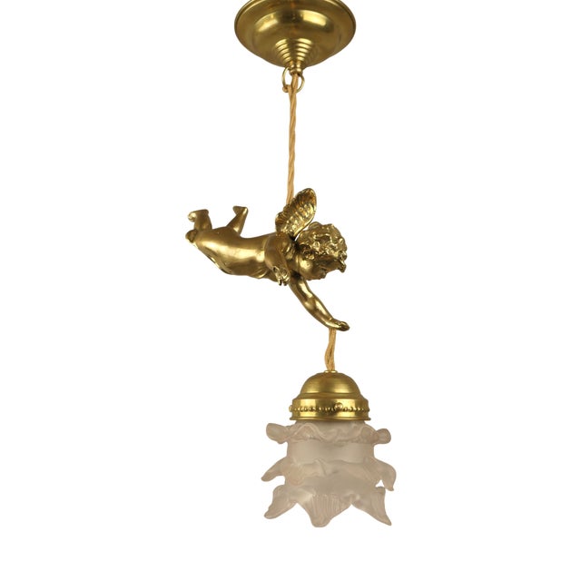 Brass Ceiling Lamp with Putto, France, 1910s For Sale