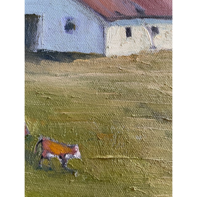This painting is of a cow and her calf along with a white barn. I love how the cow looks tired as the calf is moving away...