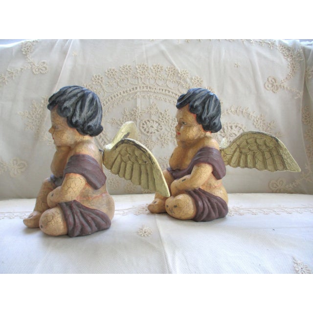 Vintage Pair of Italy Tuscan Style Hand Painted Cherubs Figures For Sale - Image 4 of 8