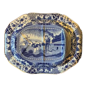 Large Antique Early 19th Century English Spode Pottery Blue & White Chinoiserie Transfer Meat Platter