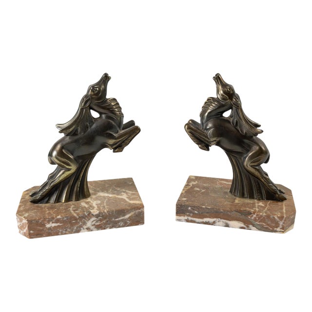 1920's Pair of French Art Deco Spelter Bookends With Leaping Stags by Franjou For Sale