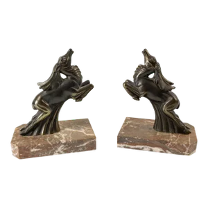 1920's Pair of French Art Deco Spelter Bookends With Leaping Stags by Franjou