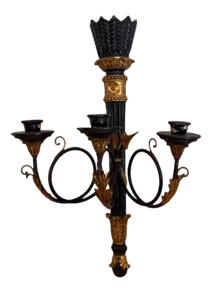 Vintage Gilt and Black 3 Taper Wall Sconce