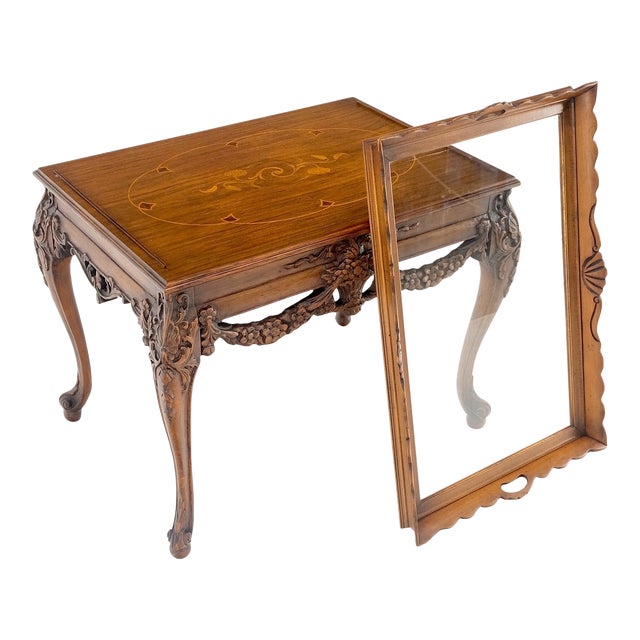 Removable Tray Top Pierce Carved Inlayed Walnut Side End Table Stand For Sale