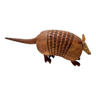 Vintage Hand-Carved Wooden Armadillo Sculpture – Signed Folk Art Figure 1991 – Articulated Accordion Body For Sale