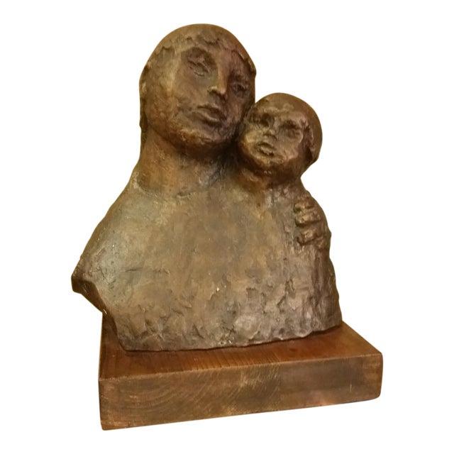 1968 Signed Bronze Mother & Child Sculpture For Sale