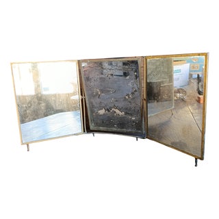 Antique French Gilt Metal Triptych Mirror with Floral Crest, 1890s For Sale