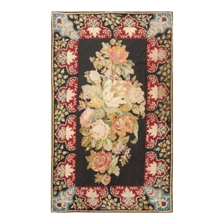 1890s Black Roses Folk Art Antique French Needlepoint Rug 5'2" X 8'8" Flatweave Wool Carpet For Sale