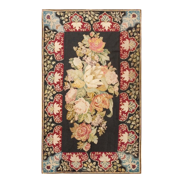 1890s Black Roses Folk Art Antique French Needlepoint Rug 5'2" X 8'8" Flatweave Wool Carpet For Sale