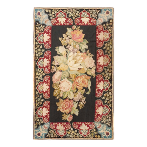 1890s Black Roses Folk Art Antique French Needlepoint Rug 5'2" X 8'8" Flatweave Wool Carpet
