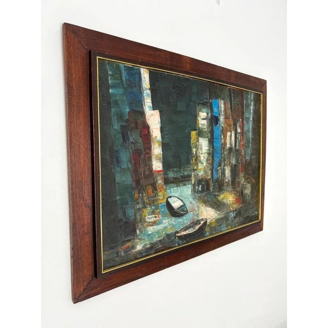 Mid-Century Modern Abstract Painting in Original Wood Frame, Rowboats Oil on Board, C. 1950s For Sale - Image 3 of 13