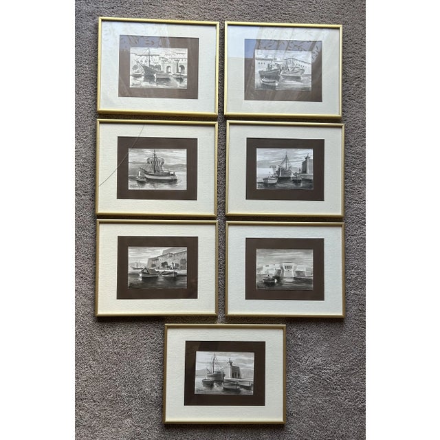 Vintage 1960’s, set of seven (7), black & white watercolors of various fishing boats. Illegible signature on all, to the...
