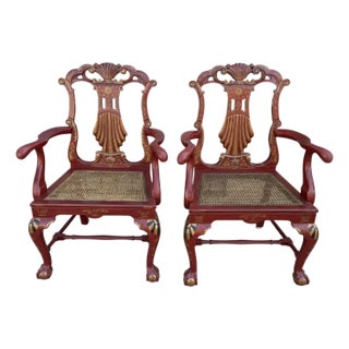 18c Style Burton-Ching Red Chinoiserie Arm Chairs - A Pair For Sale