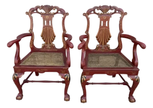 18c Style Burton-Ching Red Chinoiserie Arm Chairs - A Pair