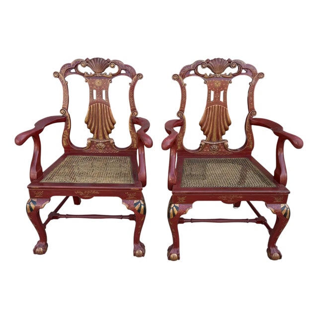 18c Style Giles Grendey Inspired Burton-Ching Red Chinoiserie Arm Chairs - A Pair For Sale