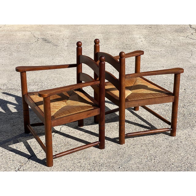 Mid-Century Modern French Wooden and Straw Armchairs, 1960, Set of 2 For Sale - Image 3 of 8