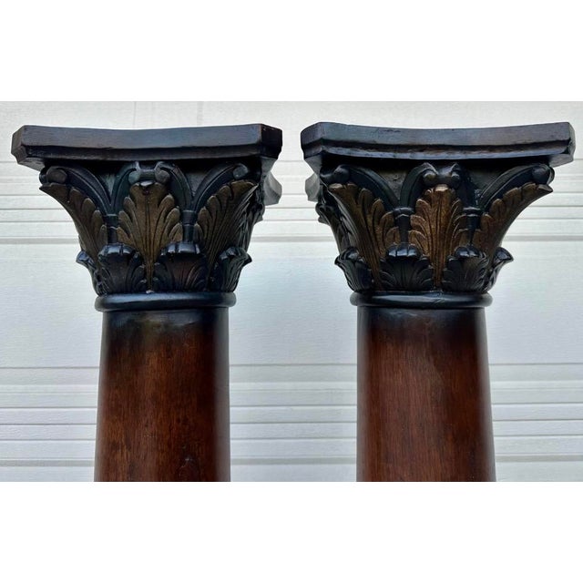 Pair of Custom Vintage Wooden Corinthian Column Pedestals With Capitals For Sale - Image 4 of 18