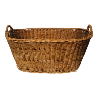1960s Large European Wicker Laundry Basket With Handles For Sale