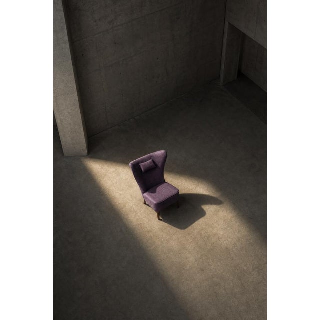 Vintage Scandinavian Modern Oak and Purple Fabric High Back Wing Chair, 1950s For Sale - Image 17 of 18