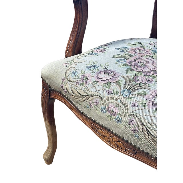 Brown Vintage French Louis XV–Style Carved Wood Tapestry Armchair For Sale - Image 8 of 12