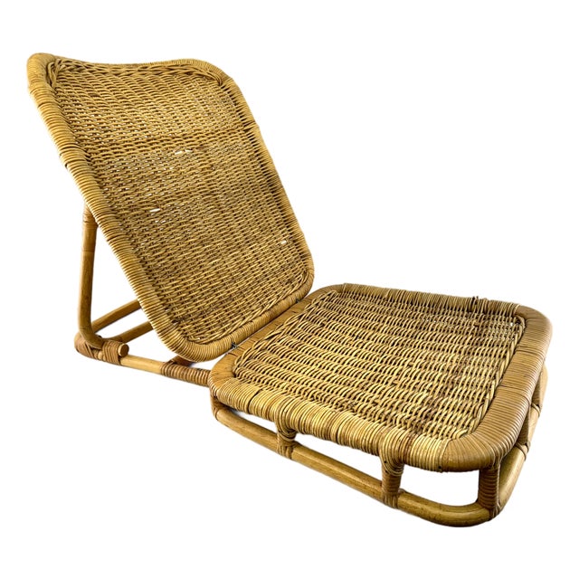 Vintage Folding Rattan Lounge Chair, Low Profile Wicker Reclining Chair For Sale