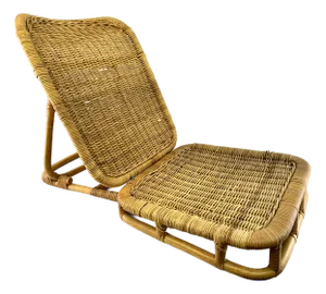 Vintage Folding Rattan Lounge Chair, Low Profile Wicker Reclining Chair