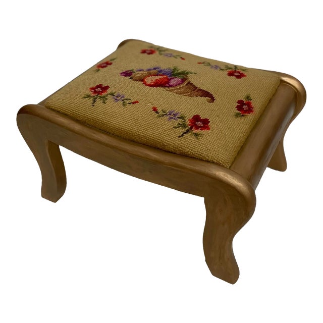 Late 19th Century Antique Victorian Cornucopia Needlepoint Footstool For Sale